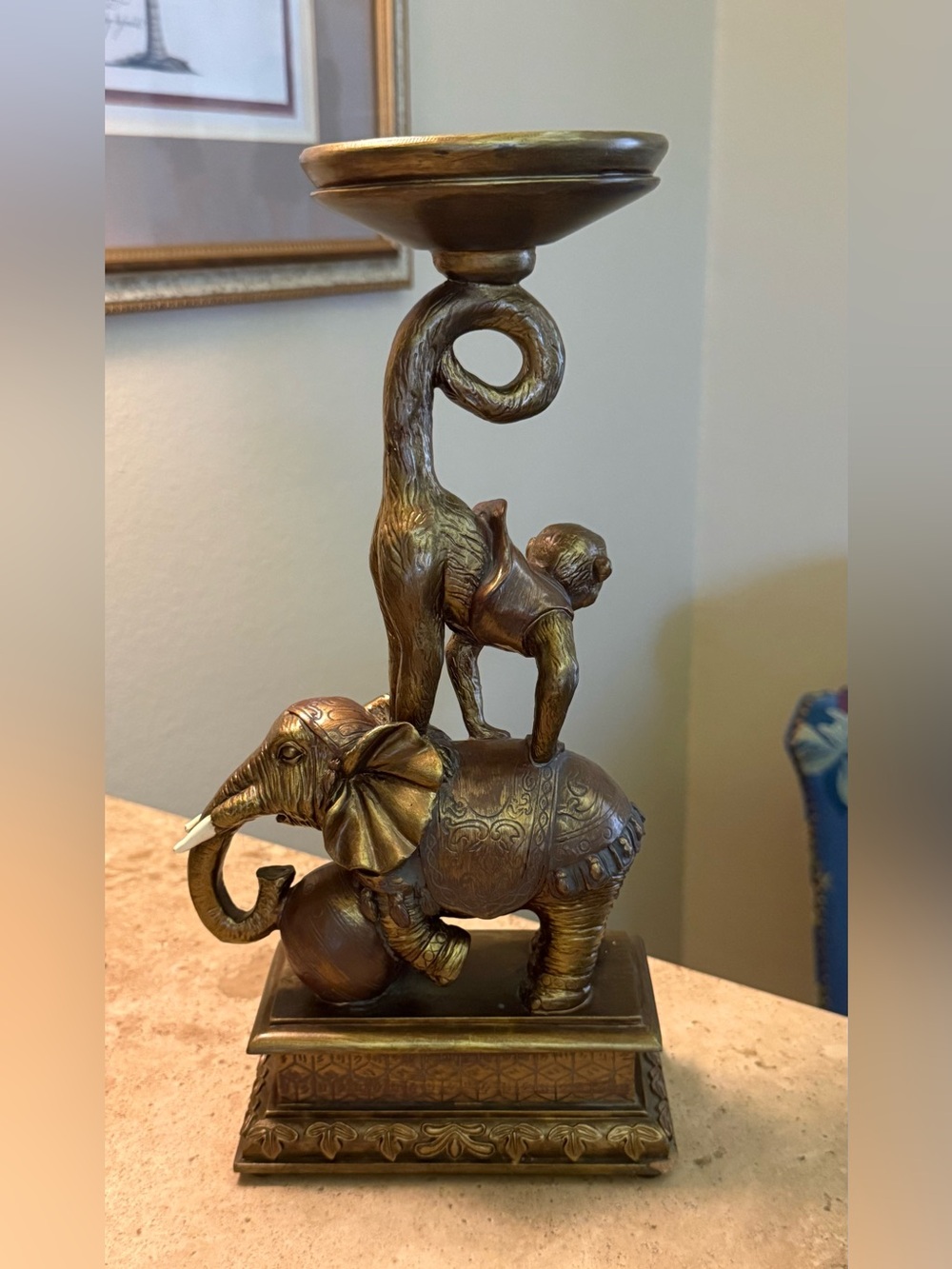 Vintage Bronze-Tone Elephant & Monkey Pedestal Pillar Candle Holder 12" High - Picture 2 of 6